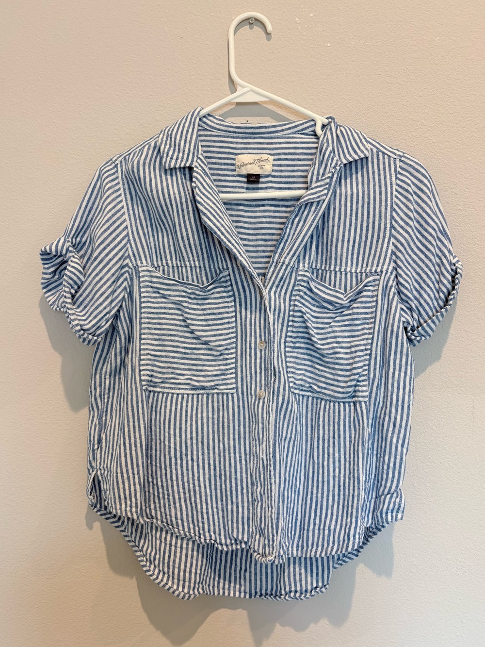 Universal Thread Blue & White Stripe Short Sleeve Button Down Top | Size XS
